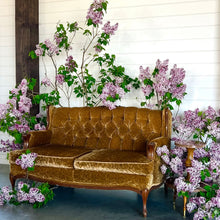 Load image into Gallery viewer, Vintage brown sofa surrounded by purple flowers in a minimal indoor setting
